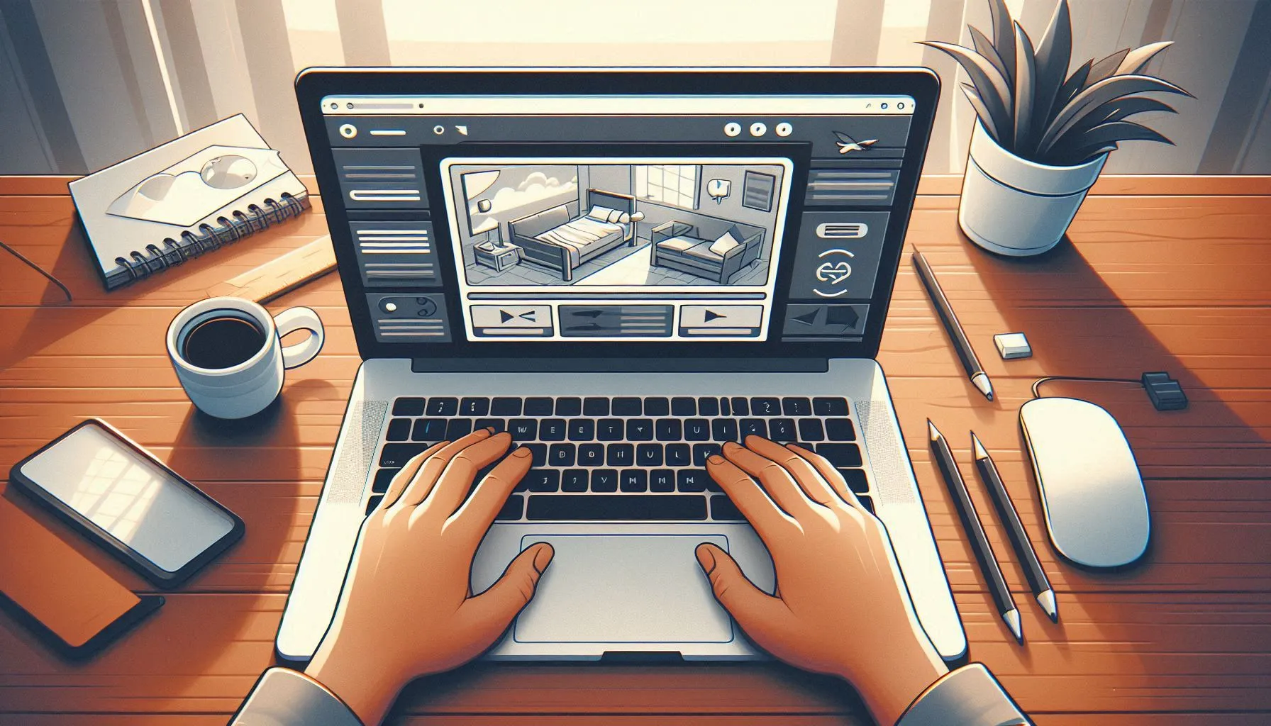 A laptop on a wooden desk with the user's hands on the keyboard and a web browser opened